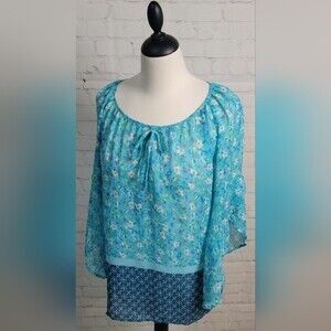 Tacera Women's Blue Floral Bell Sleeve Blouse Tunic Semi Sheer Sz M Lightweight